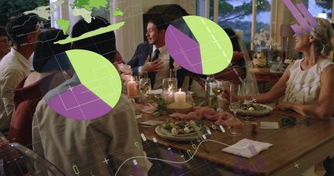 Candlelit business dinner with networking and live data visualization overlays