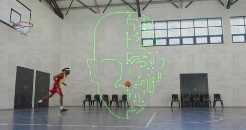 Basketball player running on indoor court with neon ai circuit face projection and motion
