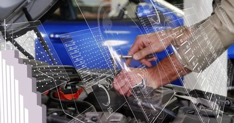 Mechanic tightening engine bolt with wrench under hood, digital HUD diagnostic overlays