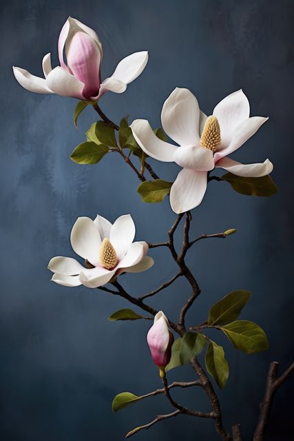 Delicate magnolia flowers blooming against a moody, dark background. Perfect for use in botanical studies, nature-themed projects, floral design inspiration, springtime decor, or calming ambient artworks.