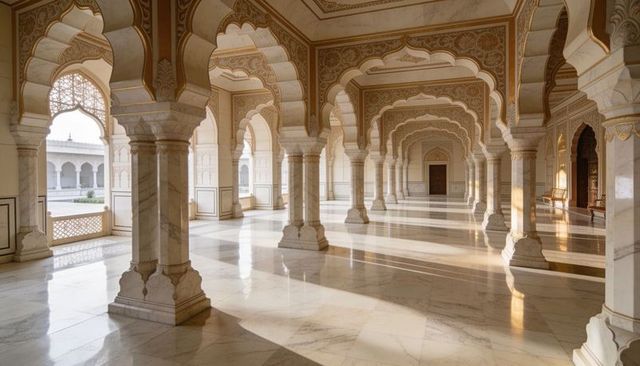 Sunlit mughal marble colonnade showing scalloped arches, jali railing and ornate ceiling
