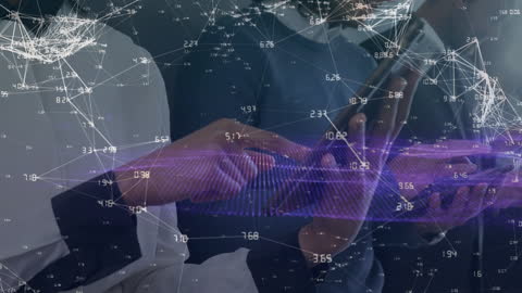 Business Professionals Using Tech with Digital Network Overlay