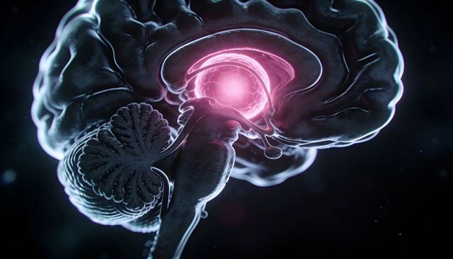 Glowing brain midline core illuminating neural circuitry 3d medical visualization
