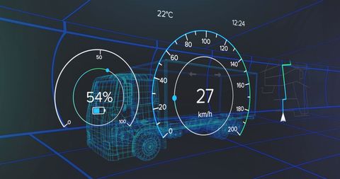 Futuristic vehicle interface with speedometer and gps data