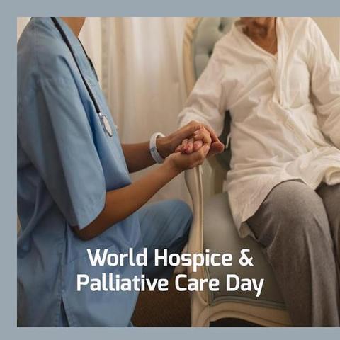 Composition of world hospice and palliative care day text over doctor with patient holding hands. World hospice and palliative care day and celebration concept digitally generated image.