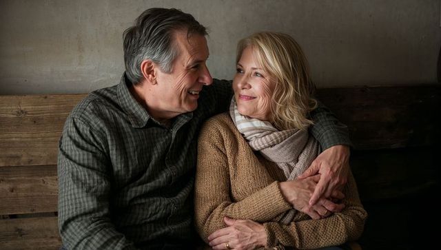 Senior couple embracing on rustic wooden bench cozy knit sweater scarf intimacy warmth