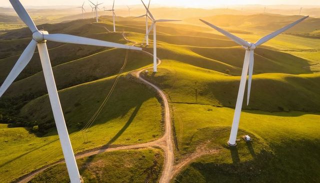 Wind turbines stretching long shadows across rolling green hills in warm golden hour light