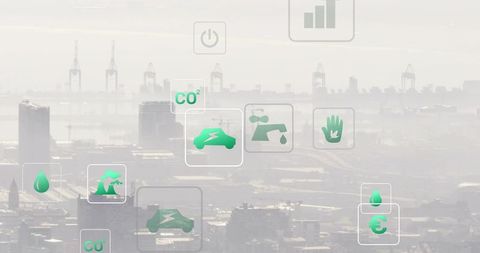 Green sustainability icons overlaying hazy urban port skyline with electric car CO2 emblem