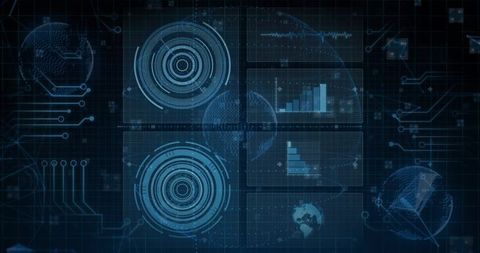Futuristic HUD Dashboard Showing Radar Targets, Telemetry Charts, Wireframe Globe