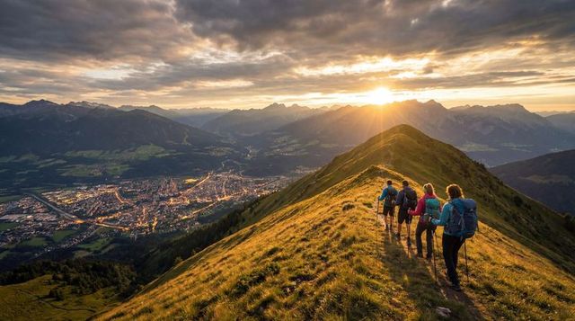 Group hiking along golden alpine ridge at sunset overlooking illuminated valley
