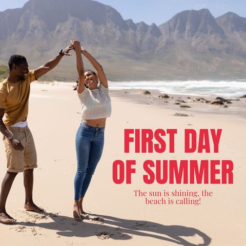 Joyful Diverse Couple Celebrating First Day of Summer on Beach
