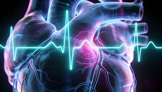 Translucent neon heart visualizing coronary vessels with cyan ecg overlay and pulsing core