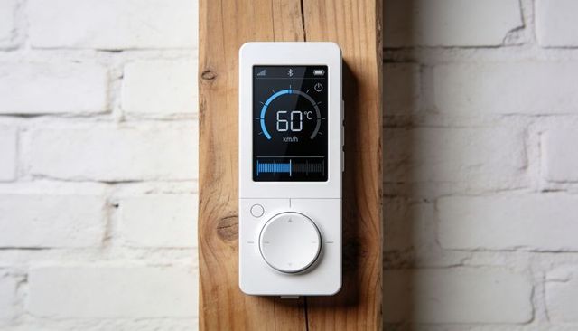Smart thermostat mounted on wooden plank showing 60°c digital control with silver dial