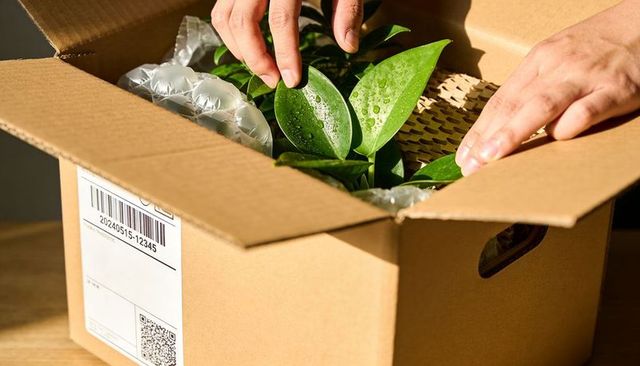 Unpacking houseplant delivery hands arranging green-leaf plant in cardboard box with bubble wrap