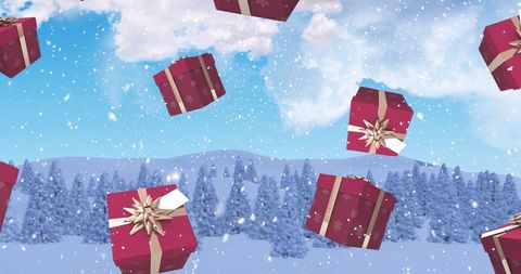Floating Red Christmas Gifts over Snowy Winter Landscape