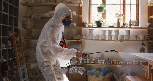 Health worker wearing protective clothes cleaning pottery studio using disinfectant sprayer. hygiene and social distancing in the pottery studio during coronavirus covid 19 pandemic.