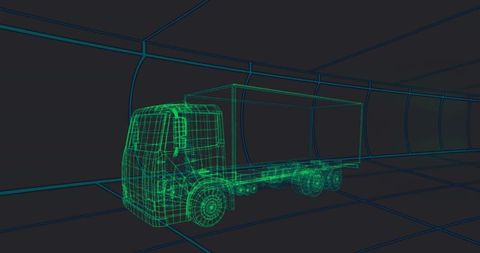 Futuristic wireframe truck in digital tunnel environment