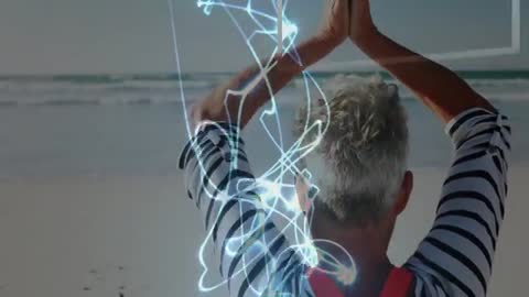 Yoga Practice at Beach with Futuristic Overlay