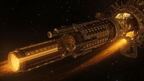 Golden-Plume Starship Engine Emitting Plasma on Futuristic Cylindrical Modular Spacecraft