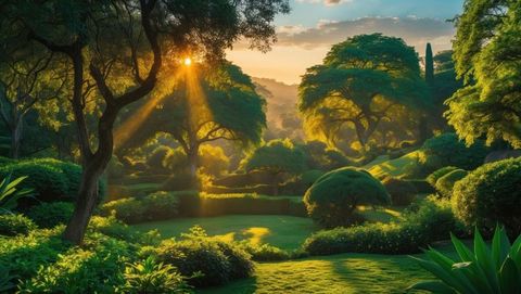 Sunlit canopy trees and sculpted shrubs on tranquil hills, garden of eden concept