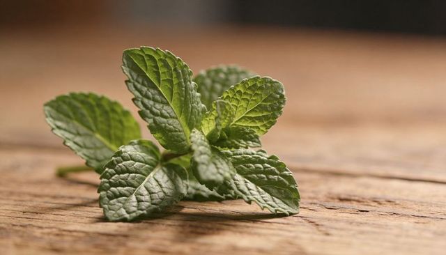 Fresh mint sprig resting on rustic wooden tabletop closeup with texture and soft shadow