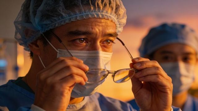 Masked surgeon adjusting glasses under surgical cap with focused team member in background