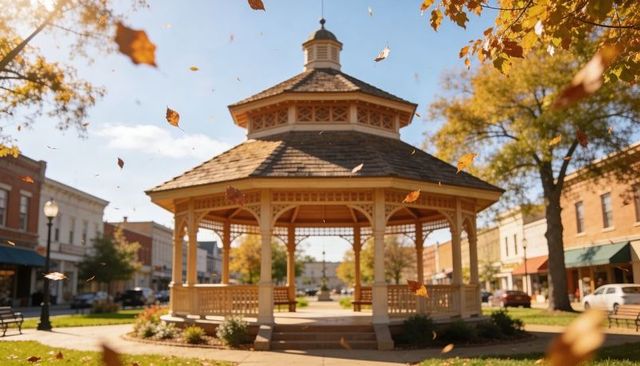 Octagonal victorian gazebo with cupola falling leaves autumn small town square warm sunlight