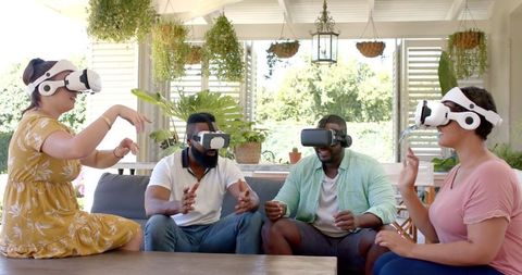 Diverse Friends Enjoying Virtual Reality at Home