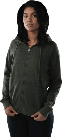Female athlete in olive green hoodie on transparent background