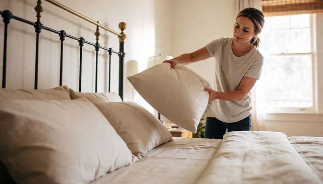 Woman making sunlit beige bed with plush pillows and duvet in cozy minimalist bedroom