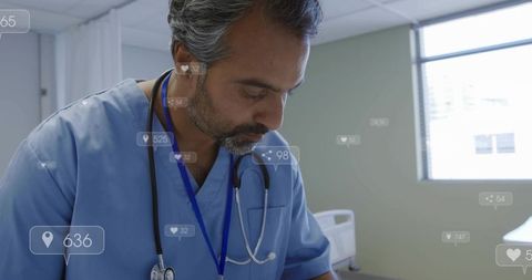 Clinician in blue scrubs reviewing patient chart with stethoscope and digital overlays