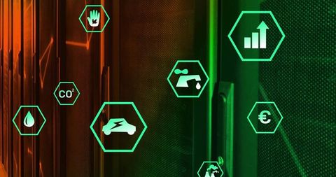 Green Technology Icons in Data Center Highlight Sustainability