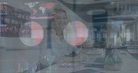 Smiling Businesswoman Analyzing Global Data Reports in Modern Office