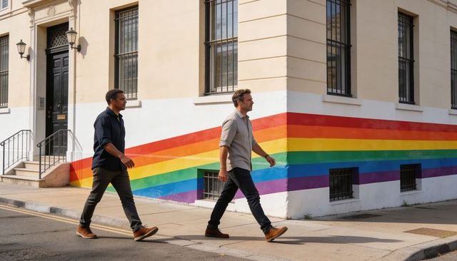 Two men walking past rainbow mural on sunlit city corner