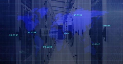 Cooled Data Center Aisle Featuring Global Analytics Overlays and Server Racks