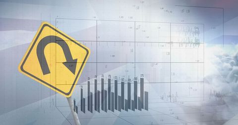 Financial data merging with road sign and uk flag symbolism