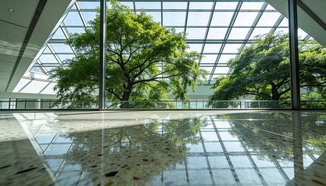 Sunlit atrium trees reflecting on polished floor under grid skylight with glass railing
