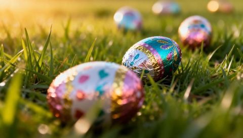 Glinting foil easter eggs lying in dewy grass at golden hour