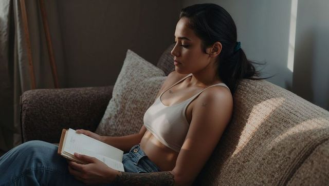 Young woman with tattoos reading on cozy sofa in warm sunlight wearing bralette and jeans