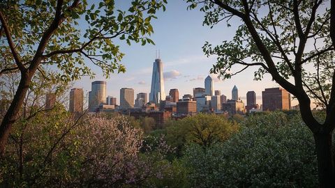 Charlotte city skyline framed by trees in blooming urban park