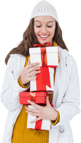 Cheerful Young Woman with Stack of Gifts on Transparent Background