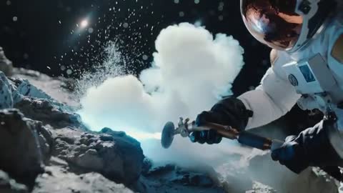 Astronaut cutting lunar rock with plasma torch, blue flame and dust plume