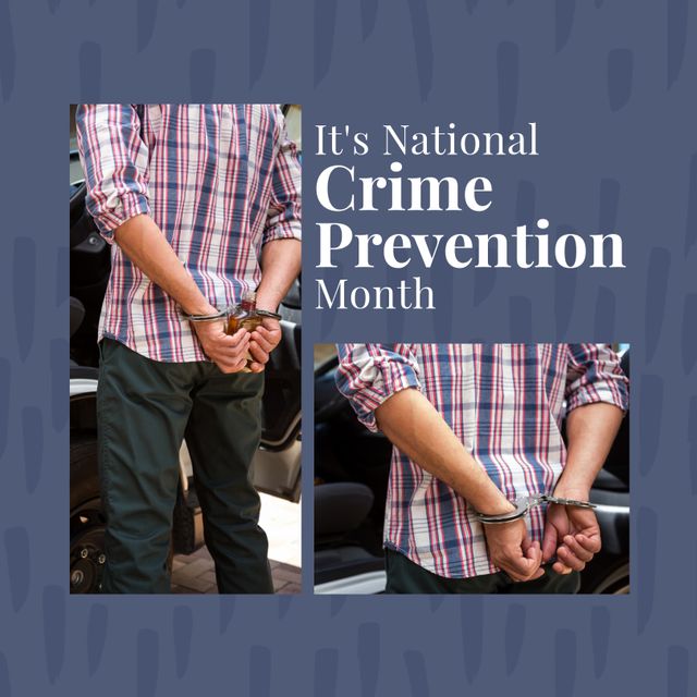 Collage of caucasian man in handcuffs and it's national crime prevention month text. Copy space, composite, prisoner, criminal, protection, support, awareness and alertness concept.
