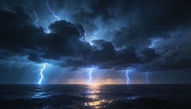 Dramatic ocean thunderstorm with multiple lightning strikes and reflective dusk horizon