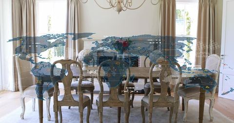 Farmhouse dining room with holographic global map overlay, data nodes and ar interface