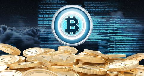 Bitcoin Rising Over Gold Coins and Digital Codes in Cyberworld