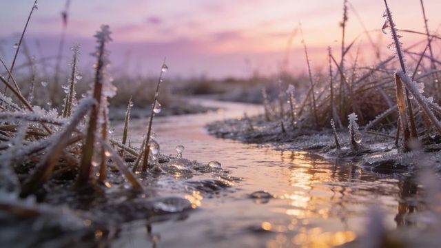 Frosted marsh rivulet reflecting pastel sunrise glow, glistening dewdrops on reeds