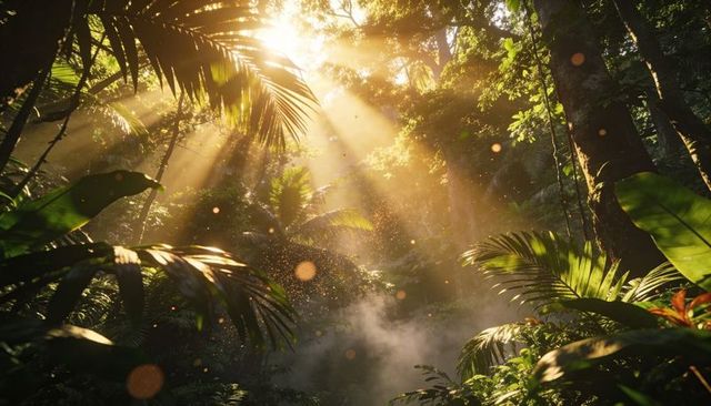 Sunlight streaming through tropical rainforest canopy at golden hour, mist and dust motes