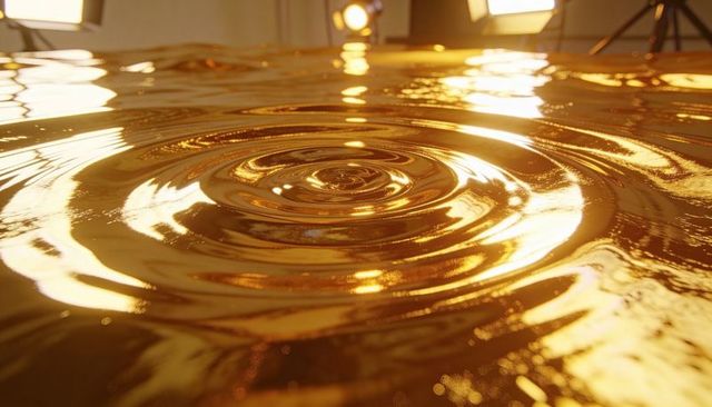 Golden liquid surface rippling in studio with softbox reflections and metallic shine