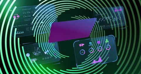 Virtual Laptop with Digital Financial Charts and Icons in Cyberspace